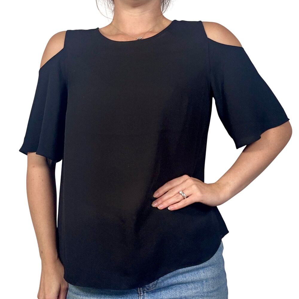 Banana Republic Black Cold Shoulder Top Keyhole Back Minimalist Blouse Small